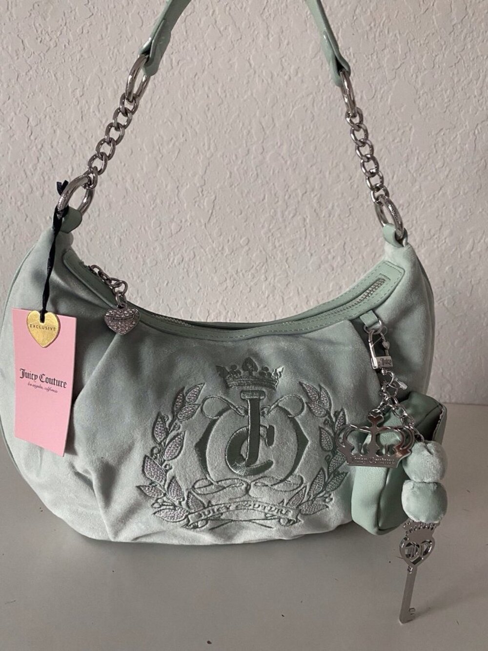 Juicy Couture Sparkle Royal Hobo Bag In Frosty‎ Green With Coin Purse and Charms